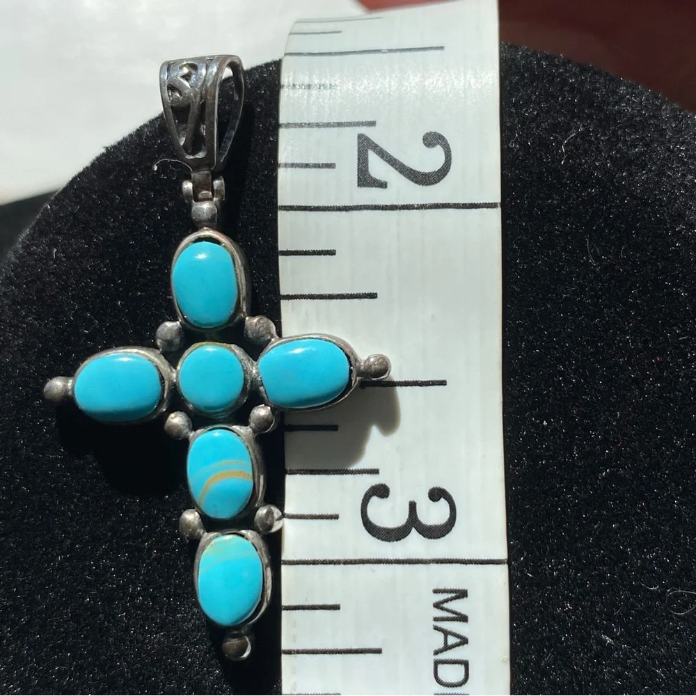 Sterling Silver Turquoise Cross Pendant Vintage Southwest Boho Artist Signed - Picture 7 of 12